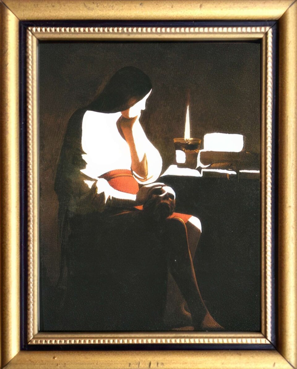 Reboot La Madeleine à la veilleuse, de La Tour, peinture acrylique sur reproduction, 9,5x8cm, 2016