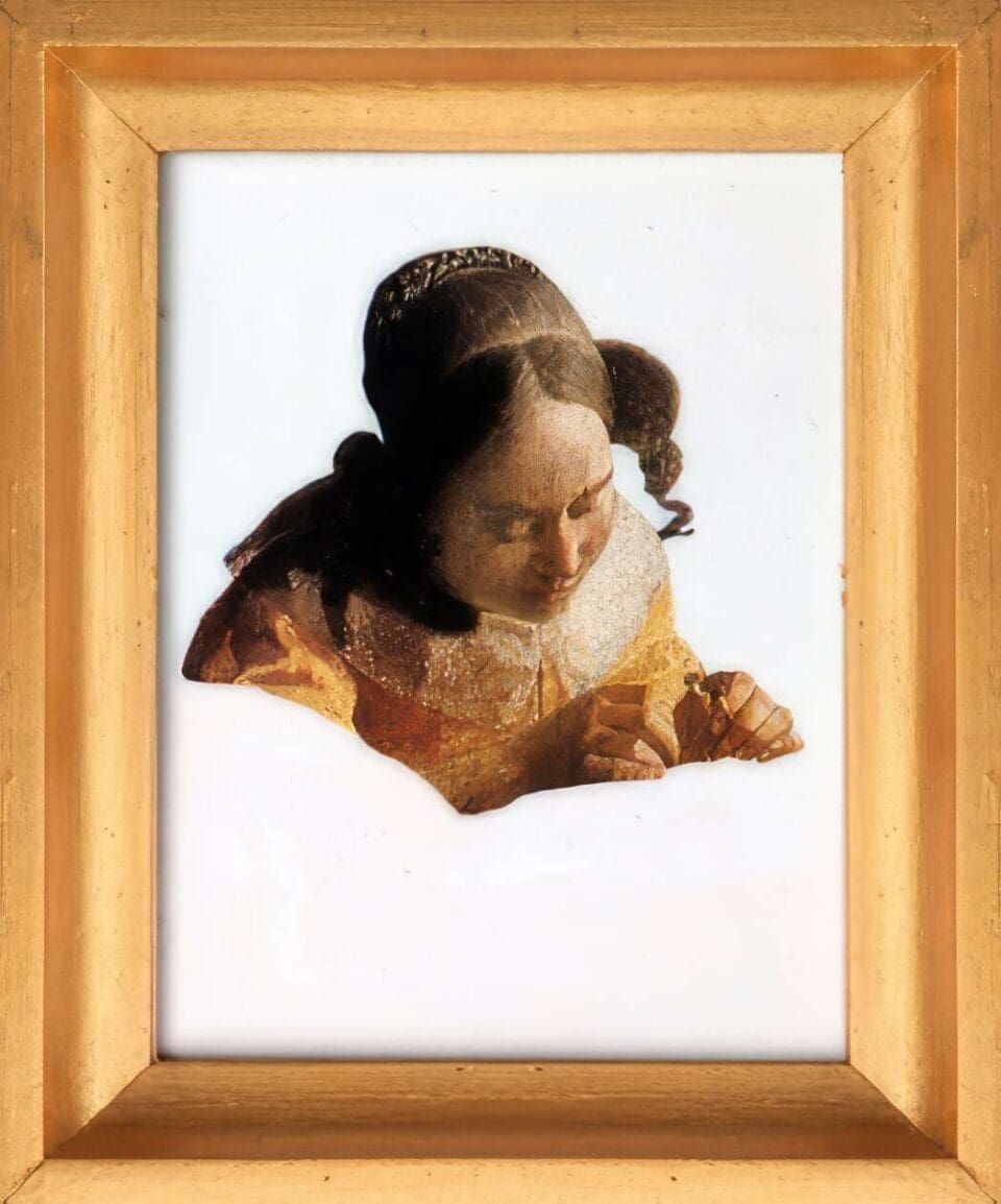 Reboot La dentellière, Vermeer, 11,5x9,5cm, peinture acrylique sur repoduction, 2014