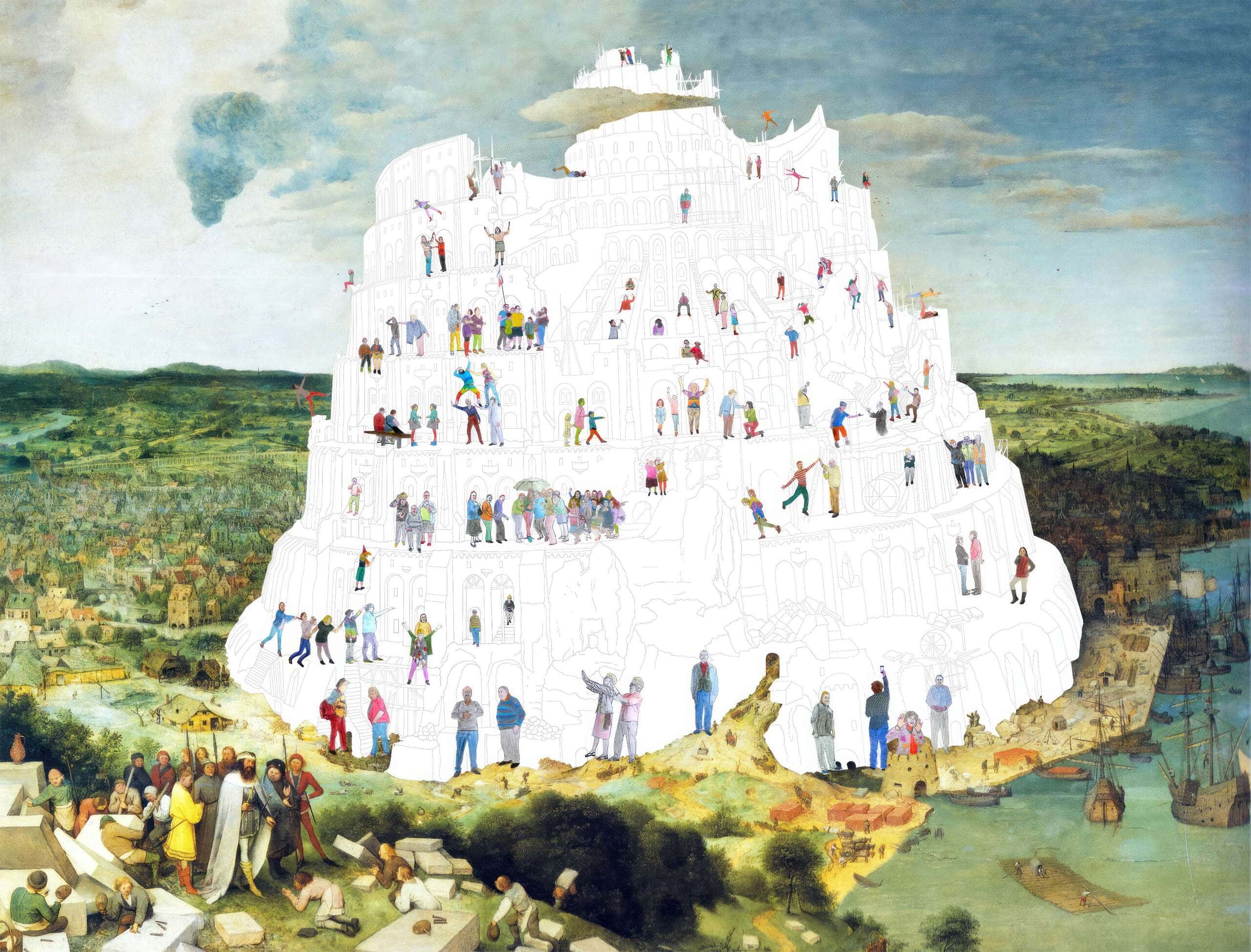 Reboot La tour de Babel, impression numérique sur bâche, graphite et stickers , 240x176 cm