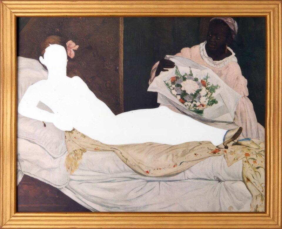 Reboot Olympia, Manet, peinture acrylique sur reproduction, 23x28cm, 2014