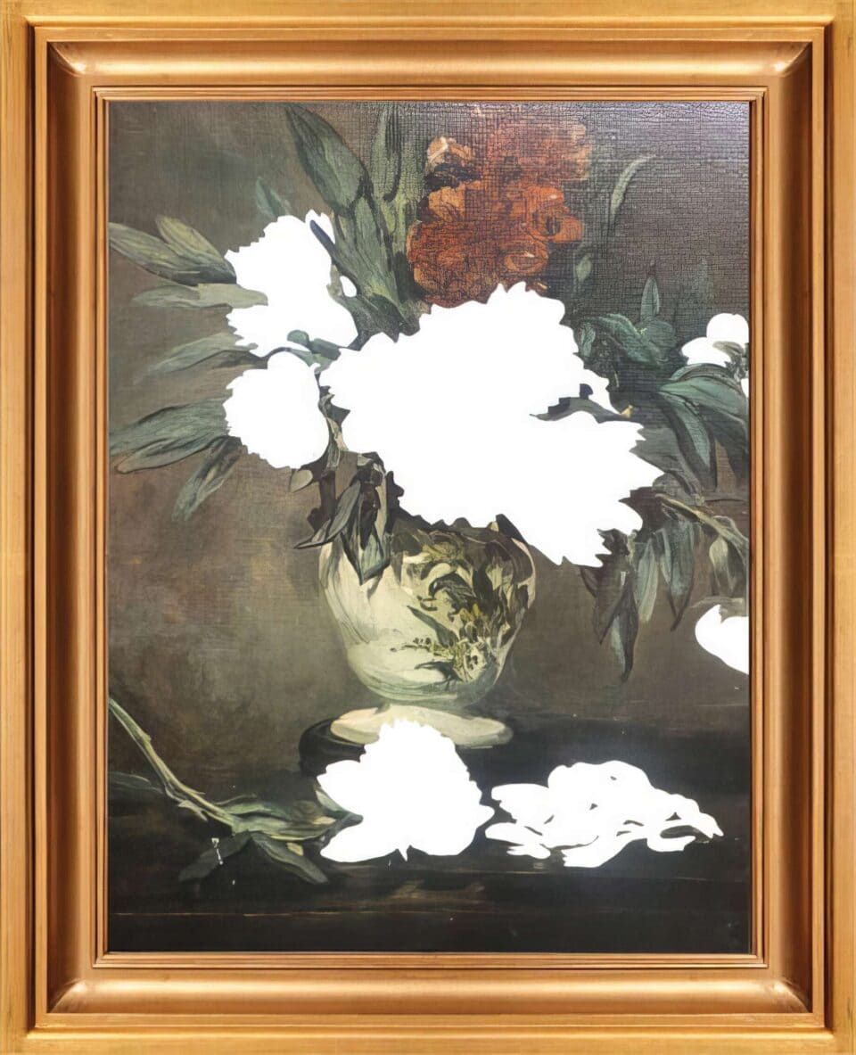 Reboot Vase de Pivoines sur piédouche, Manet , peinture acrylique sur repoduction, 28,5x22,5cm, 2014