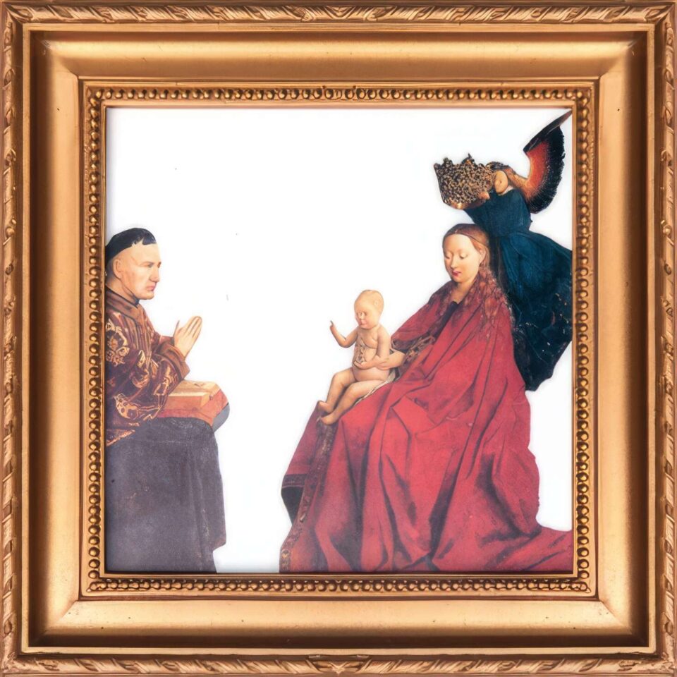 Reboot Vierge du chancelier Rolin, Van Eyck, peinture acrylique sur reproduction, 12,5x12,5cm, 2014